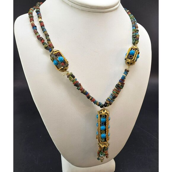Jewelry - Vintage Bohemian Multicolor Beaded Necklace With Turquoise Accents 24" HS187